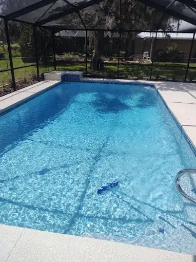 Screen-enclosed backyard pool with crystal-clear water